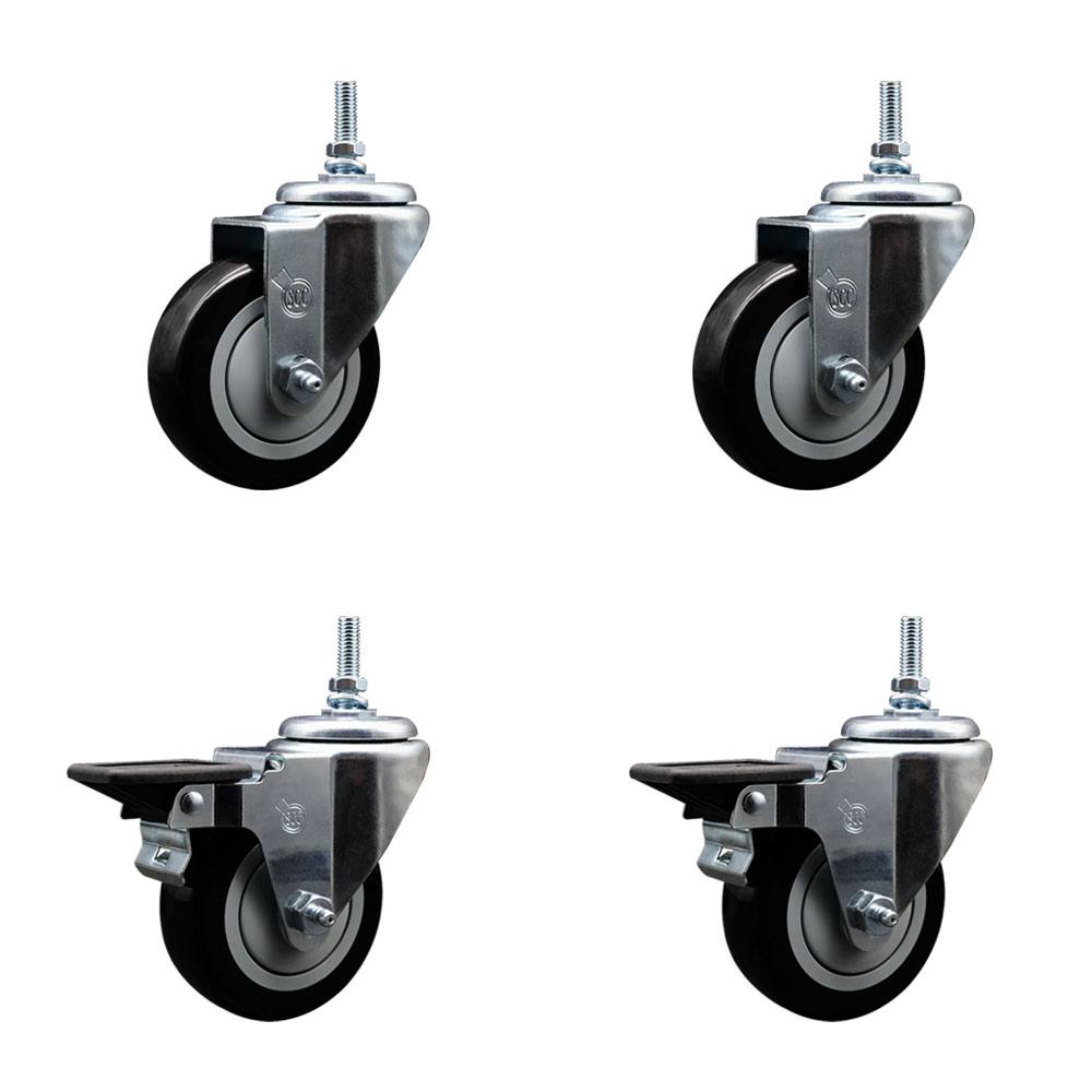 SCC-TS20S3514-PPUB-BLK-381615-2PLB2 Polyurethane Swivel Threaded Stem Caster with 3.5 x 1.25 in. Black Wheels & 0.38 in. Stems - Set of 4