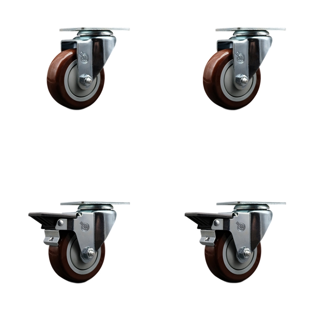 SCC-20S3514-PPUB-MRN-2-PLB-2 Polyurethane Swivel Top Plate Caster with 3.5 in. Maroon Wheels - Set of 4