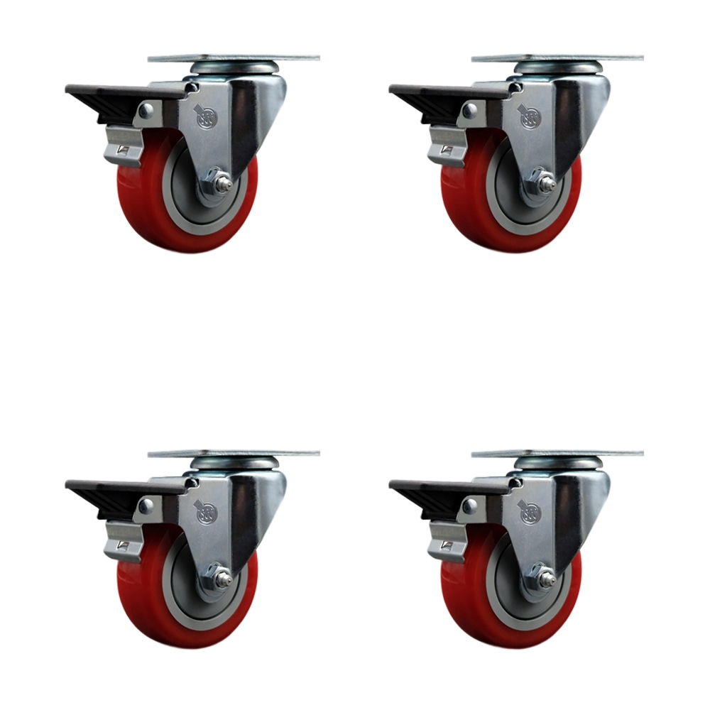 SCC-20S3514-PPUB-RED-PLB-4 Polyurethane Swivel Top Plate Caster with 3.5 in. Red Wheels - Set of 4