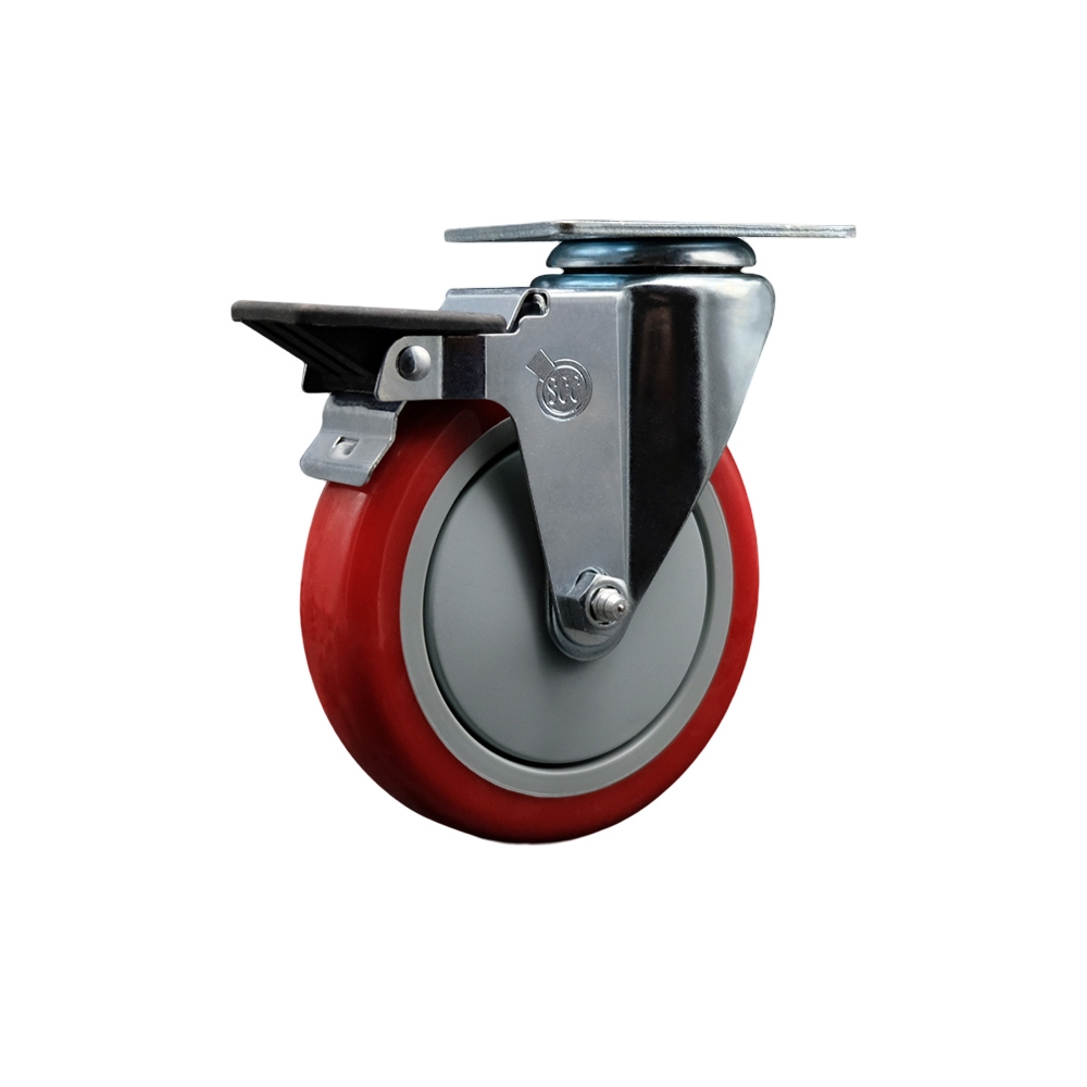 SCC-20S514-PPUB-RED-PLB Polyurethane Swivel Top Plate Swivel Caster with 5 in. Red Wheel & Posi Locking Brake