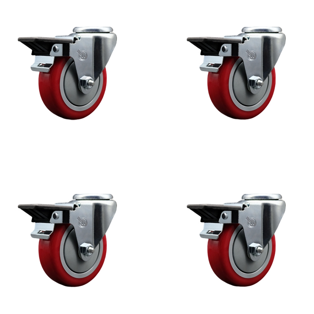SCC-BH20S414-PPUB-RED-PLB-4 Polyurethane Swivel Bolt Hole Caster with 4 x 1.25 in. Red Wheels - Set of 4
