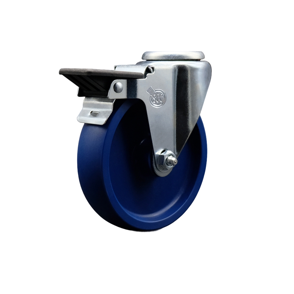 SCC-BH20S514-SPUS-PLB Solid Polyurethane Swivel Bolt Hole Caster with 5 x 1.25 in. Blue Wheel & Posi Locking Brake