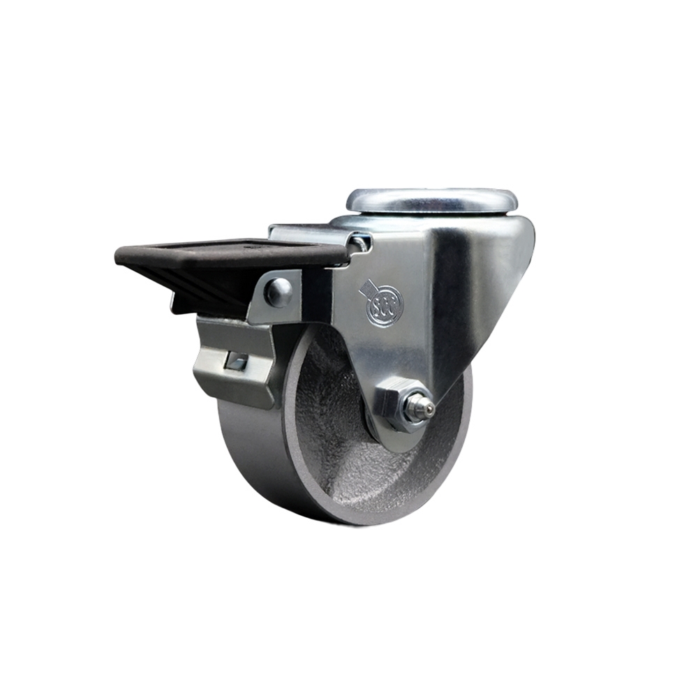 SCC-BH20S315-SSR-PLB Semi Steel Cast Iron Swivel Bolt Hole Caster with Roller Bearing - 3 x 1.5 in. Silver Wheel & Posi Locking Brake