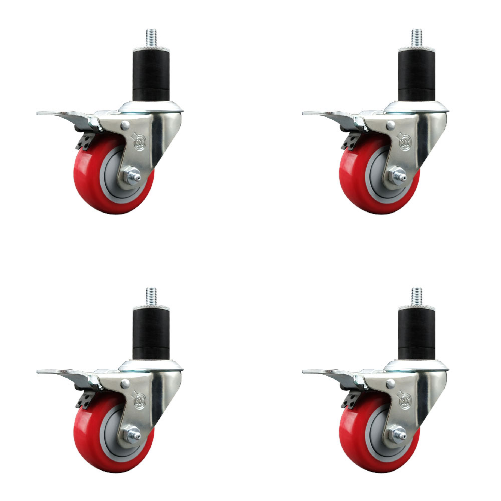 SCC-EXTTL20S314-PPUB-RED-134-4 Polyurethane Swivel Expanding Stem Caster with 3 in. Red Wheels & 1.75 in. Stems - Set of 4
