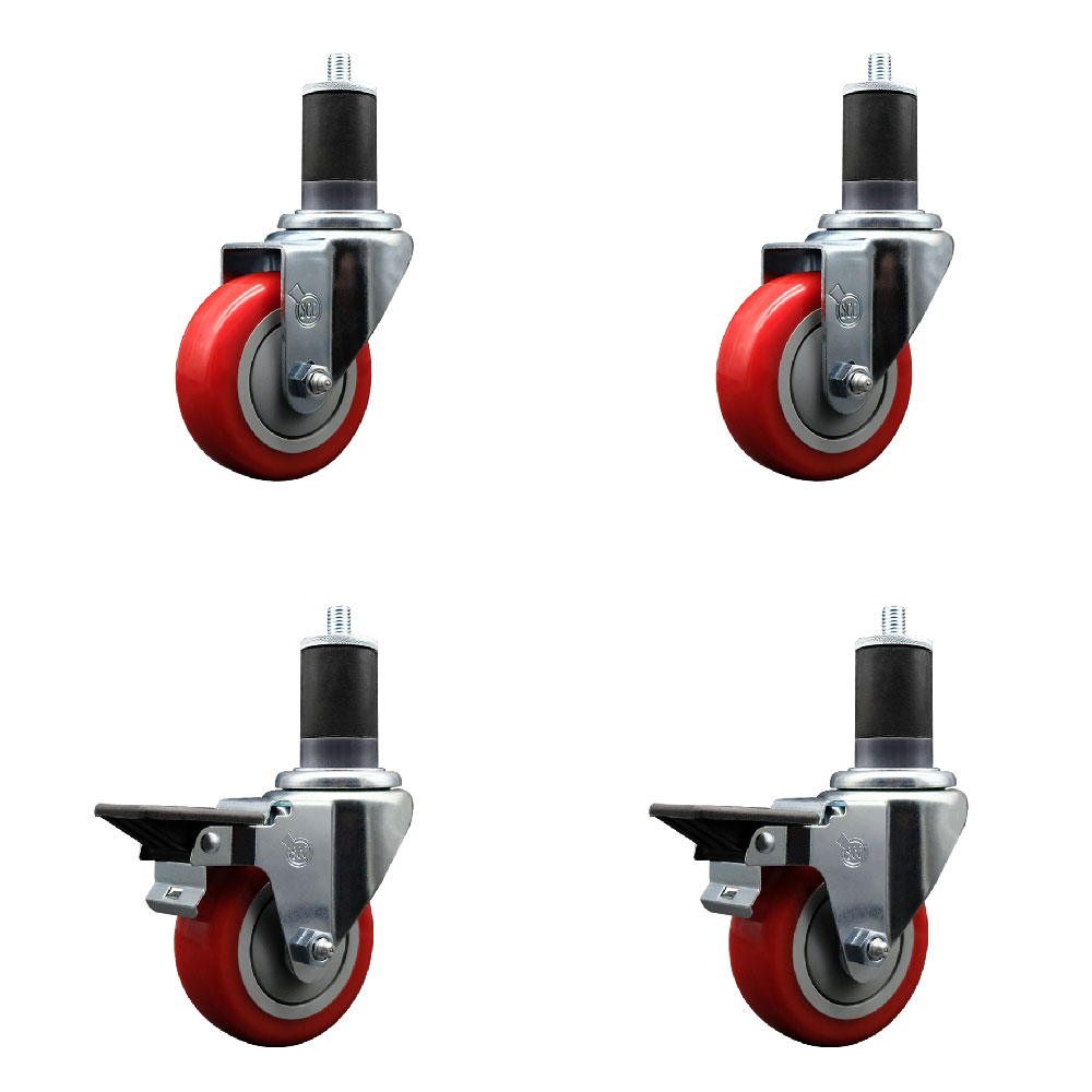 SCC-EX20S3514-PPUB-RED-2-PLB-2-158 Polyurethane Swivel Expanding Stem Caster with 3.5 in. Red Wheels & 1.63 in. Stems - Set of 4