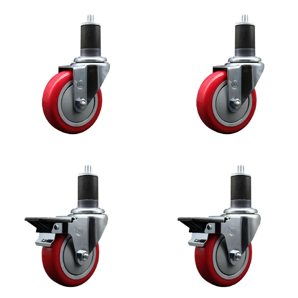 SCC-EX20S414-PPUB-RED-2-PLB-2-158 Polyurethane Swivel Expanding Stem Caster with 4 in. Red Wheels & 1.63 in. Stems - Set of 4