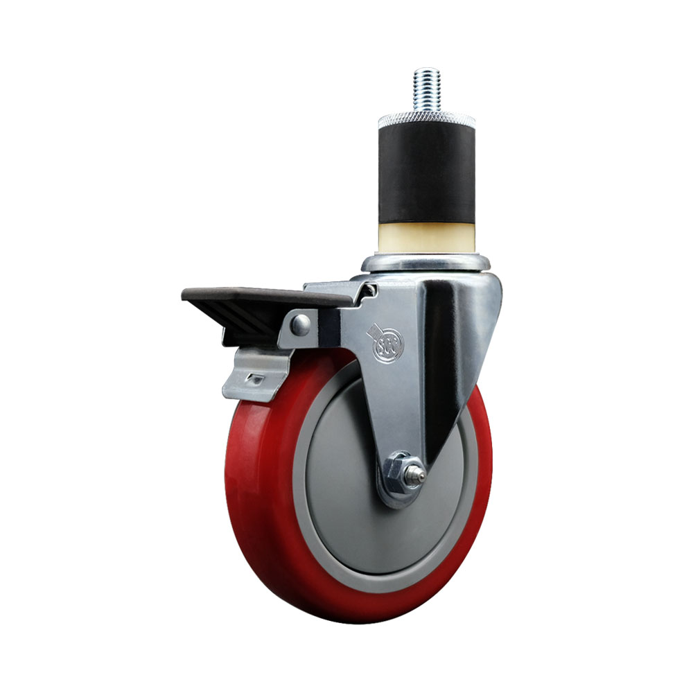 SCC-EX20S514-PPUB-RED-PLB-178 Polyurethane Expanding Stem Swivel Caster with 5 in. Red Wheel & 1.87 in. Stem & Posi Locking Brake