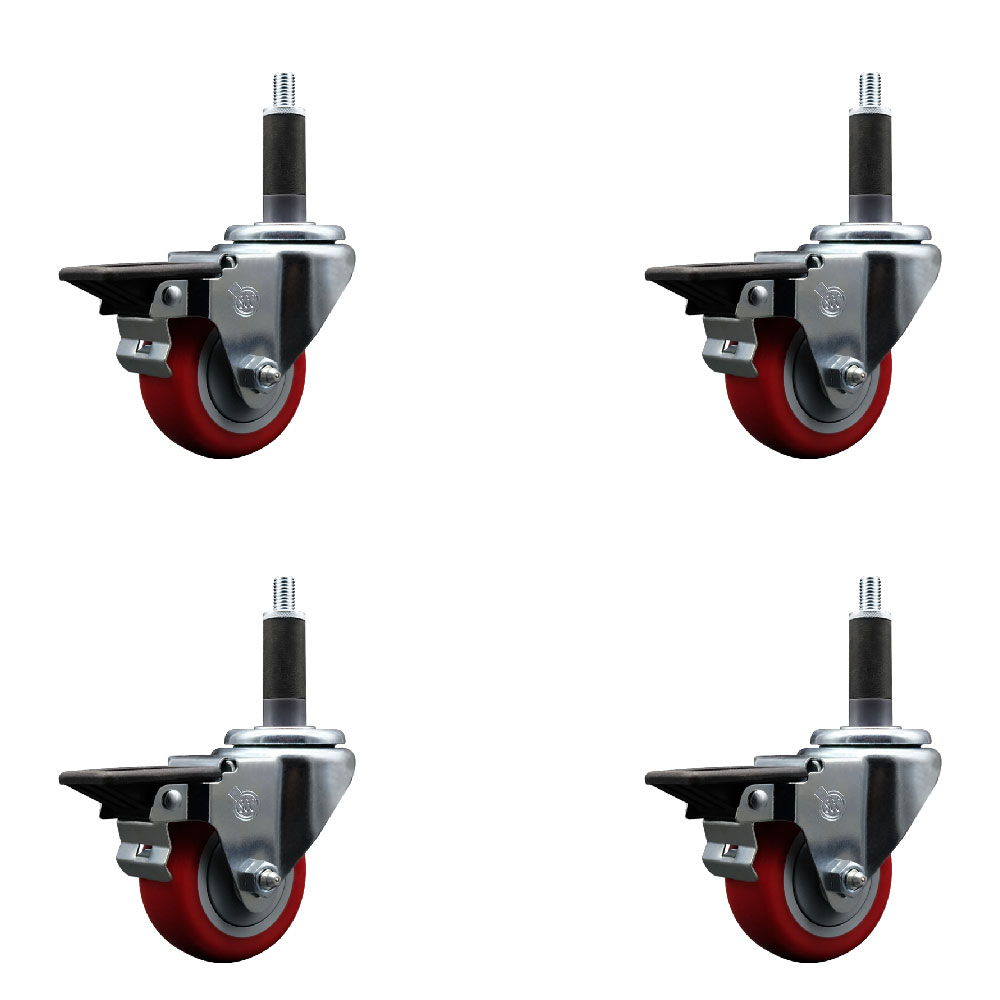 SCC-EX20S314-PPUB-RED-PLB-1-4 Polyurethane Swivel Expanding Stem Caster with 3 in. Red Wheels & 1 in. Stems - Set of 4