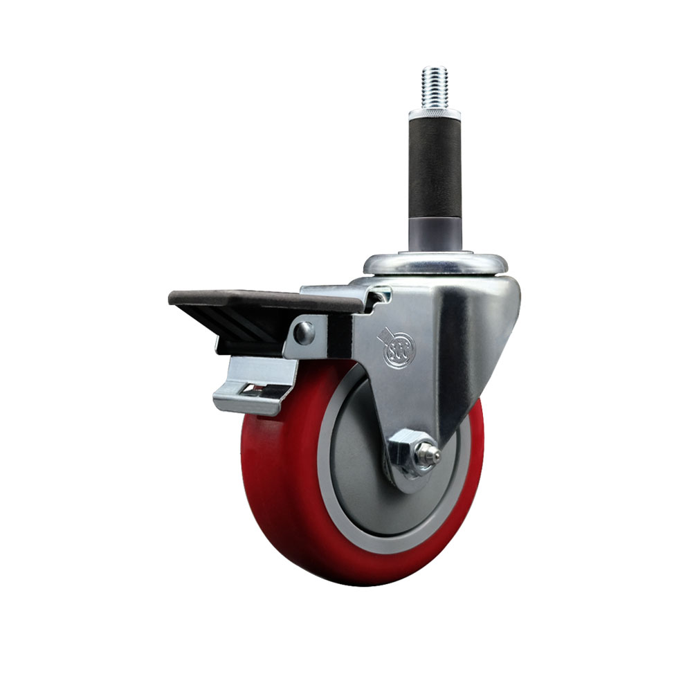 SCC-EX20S414-PPUB-RED-PLB-1 Polyurethane Expanding Stem Swivel Caster with 4 in. Red Wheel & 1 in. Stem & Posi Locking Brake