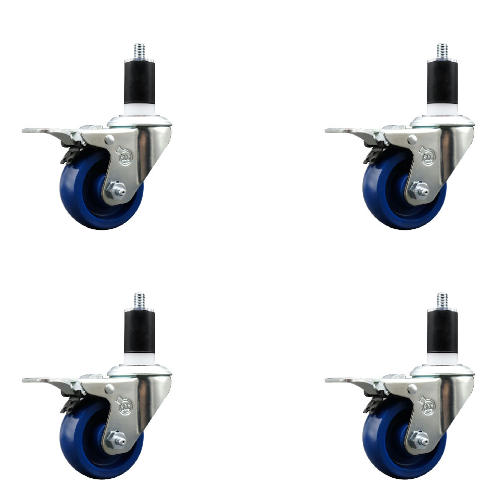 Stainless Steel Solid Polyurethane Swivel Expanding Stem Caster with 3 in. Blue Wheels & 1.5 in. Stems4 Swivel - Set of 4