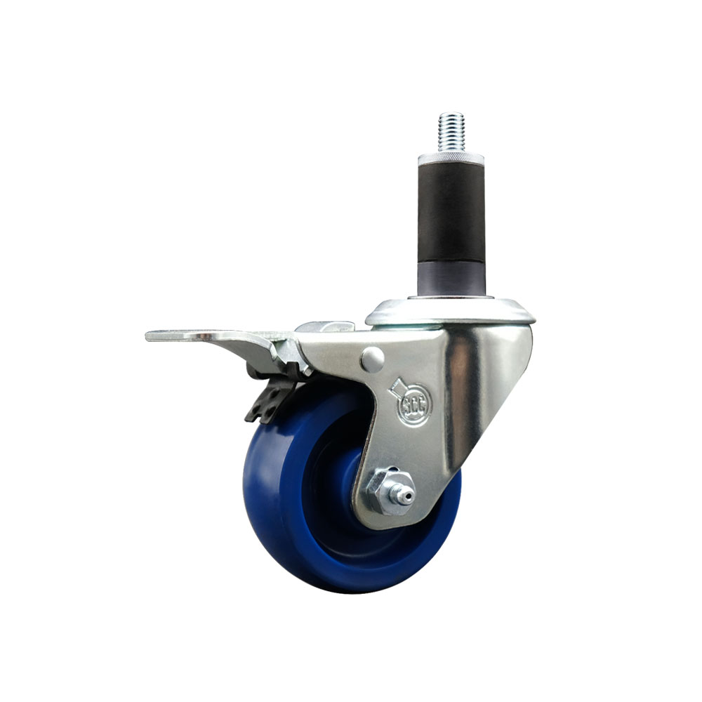 Stainless Steel Solid Polyurethane Expanding Stem Swivel Caster with 3 in. Blue Wheel & 1.25 in. Stem & Total Locking Brake