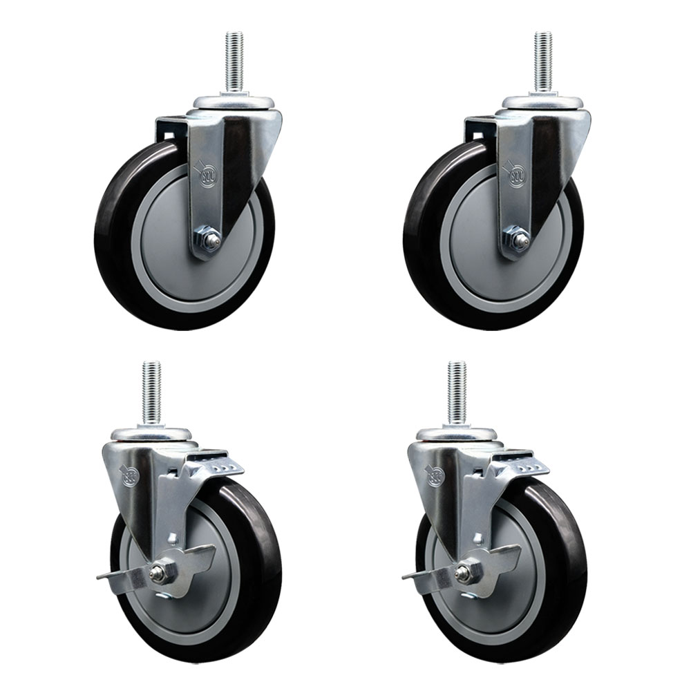 SCC-TS20S514-PPUB-BLK-58212-2-TLB-2 Polyurethane Swivel Threaded Stem Caster with 5 x 1.25 in. Black Wheels & 0.63 in. Stems - Set of 4