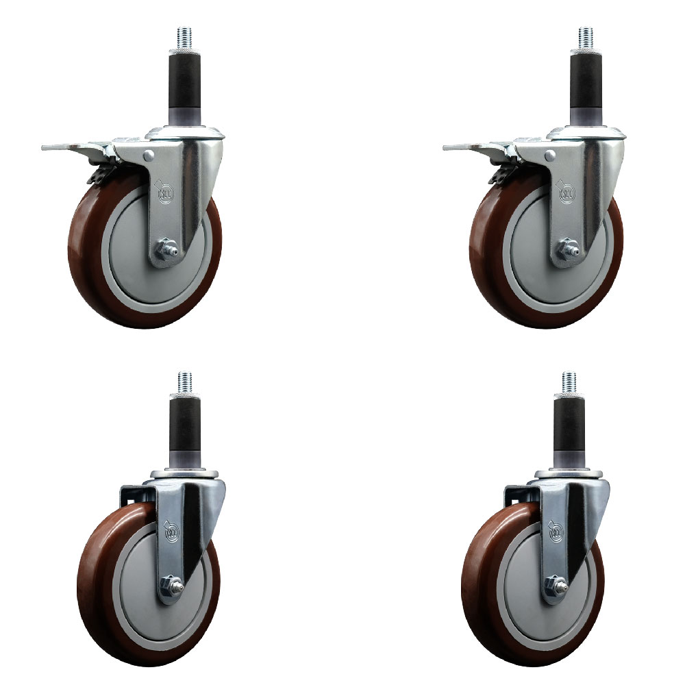 SCC-EXTTL20S514-PPUB-MRN-2-S-2-118 Polyurethane Swivel Expanding Stem Caster with 5 in. Maroon Wheels & 1.13 in. Stems - Set of 4