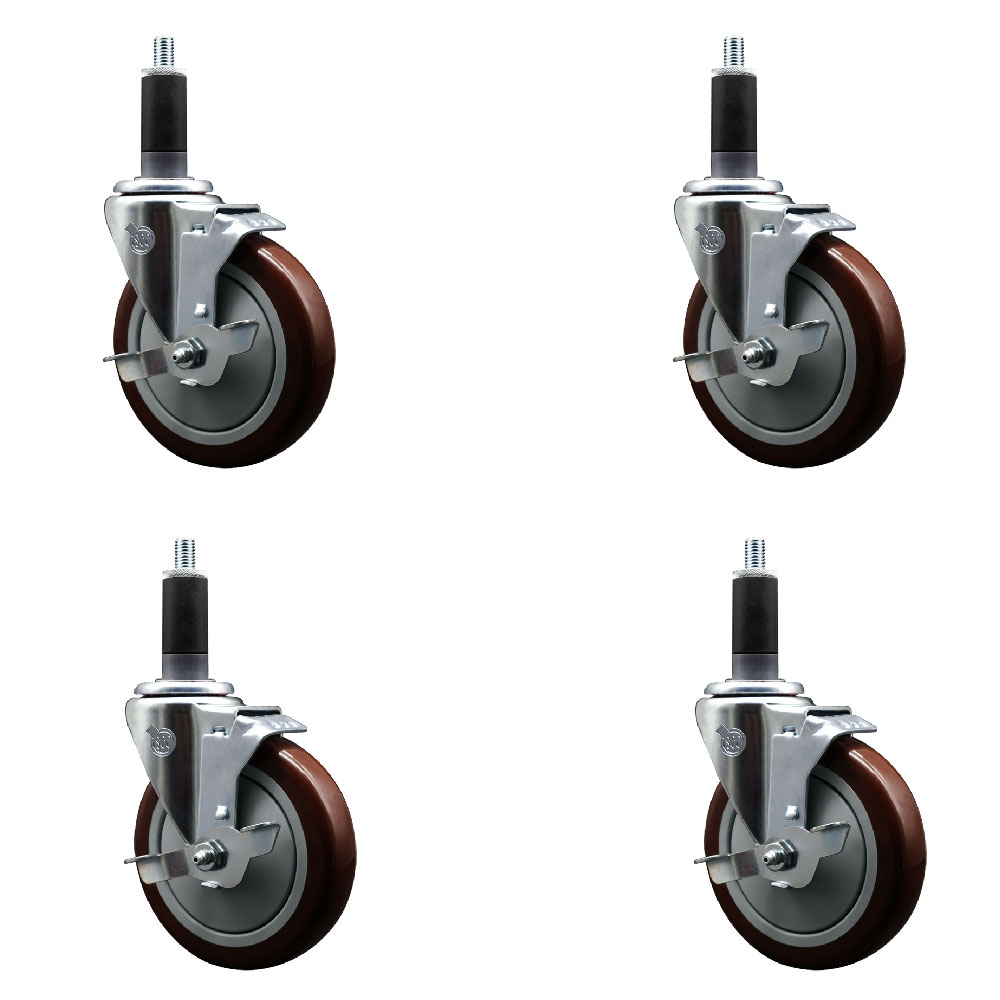 Stainless Steel Polyurethane Swivel Expanding Stem Caster with 5 in. Maroon Wheels & 1.13 in. Stems 4 Swivel - Set of 4