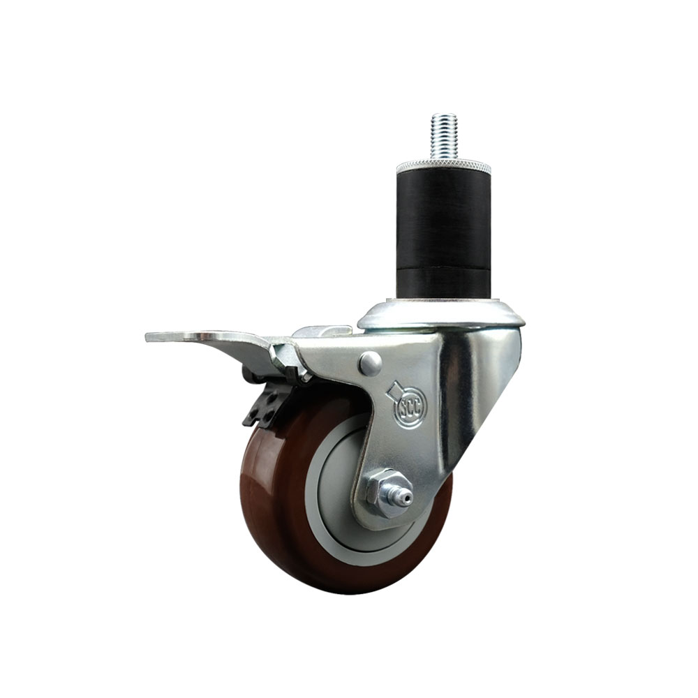 Stainless Steel Polyurethane Expanding Stem Swivel Caster with 3 in. Maroon Wheel & 1.75 in. Stem & Total Locking Brake