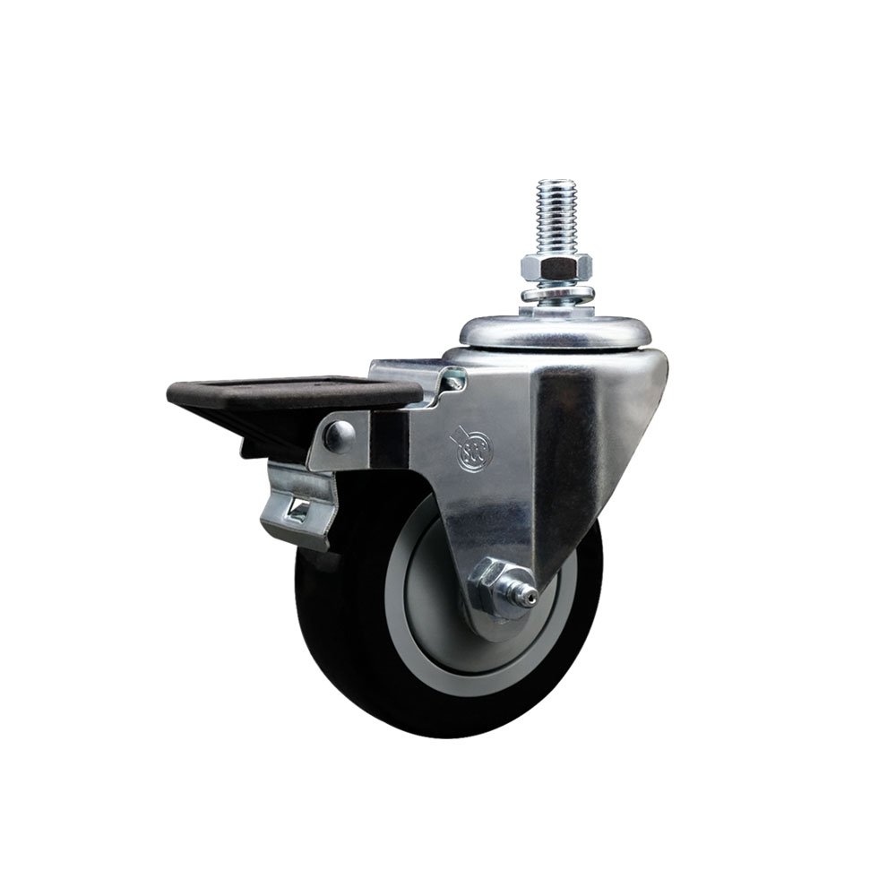SCC-TS20S3514-PPUB-BLK-PLB-M1015 Polyurethane Swivel Threaded Stem Caster with 3.5 x 1.25 in. Black Wheel & 10 mm Stem & Posi Locking Brake