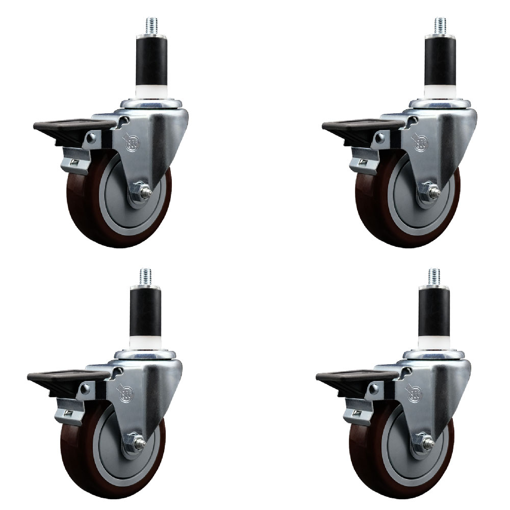 SCC-EX20S414-PPUB-MRN-PLB-138-4 Polyurethane Swivel Expanding Stem Caster with 4 in. Maroon Wheels & 1.38 in. Stems - Set of 4