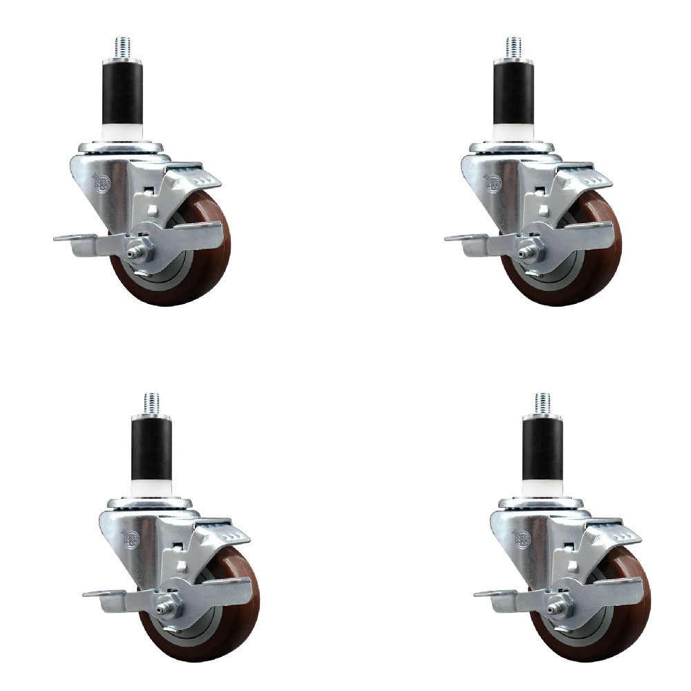 Stainless Steel Polyurethane Swivel Expanding Stem Caster with 3 in. Maroon Wheels & 1.38 in. Stems 4 Swivel - Set of 4