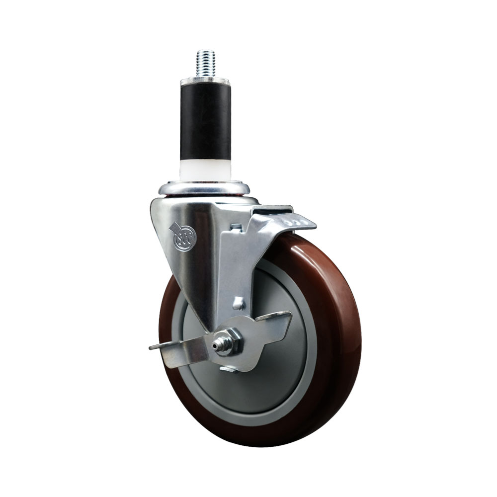 SCC-SSEX20S514-PPUB-MRN-TLB-138 Stainless Steel Polyurethane Expanding Stem Swivel Caster with 5 in. Maroon Wheel & 1.38 in. Stem & Top Locking Brake