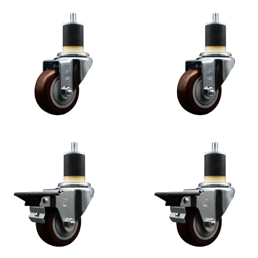 SCC-EX20S314-PPUB-MRN-2-PLB-2-178 Polyurethane Swivel Expanding Stem Caster with 3 in. Maroon Wheels & 1.87 in. Stems - Set of 4