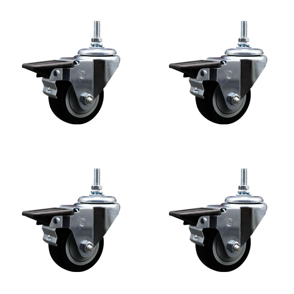 SCC-TS20S314-PPUB-BLK-PLB-M1215-4 Polyurethane Swivel Threaded Stem Caster with 3 x 1.25 in. Black Wheels & 12 mm Stems - Set of 4