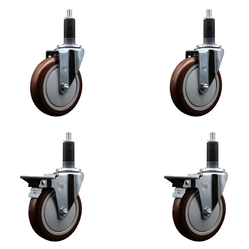 SCC-EX20S514-PPUB-MRN-2-PLB-2-118 Polyurethane Swivel Expanding Stem Caster with 5 in. Maroon Wheels & 1.13 in. Stems - Set of 4