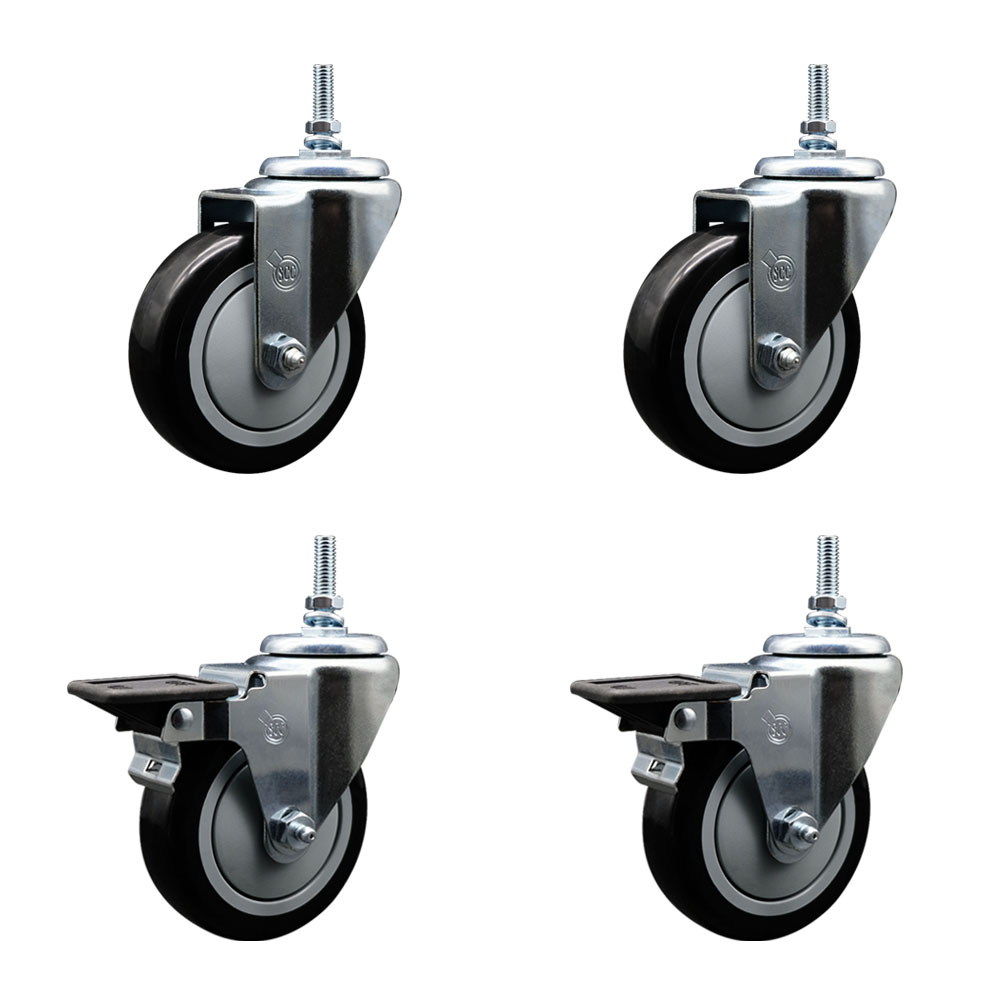 SCC-TS20S414-PPUB-BLK-M1215-2-PLB-2 Polyurethane Swivel Threaded Stem Caster with 4 x 1.25 in. Black Wheels & 12 mm Stems - Set of 4