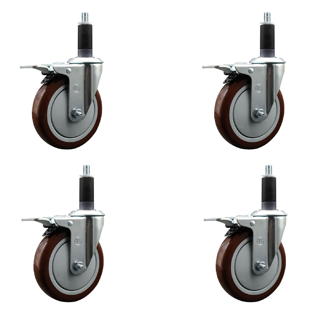 Stainless Steel Polyurethane Swivel Expanding Stem Caster with 5 in. Maroon Wheels & 1.13 in. Stems 4 Swivel - Set of 4
