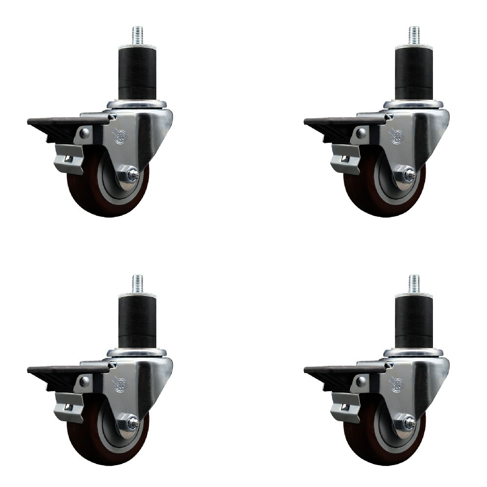 SCC-EX20S314-PPUB-MRN-PLB-134-4 Polyurethane Swivel Expanding Stem Caster with 3 in. Maroon Wheels & 1.75 in. Stems - Set of 4