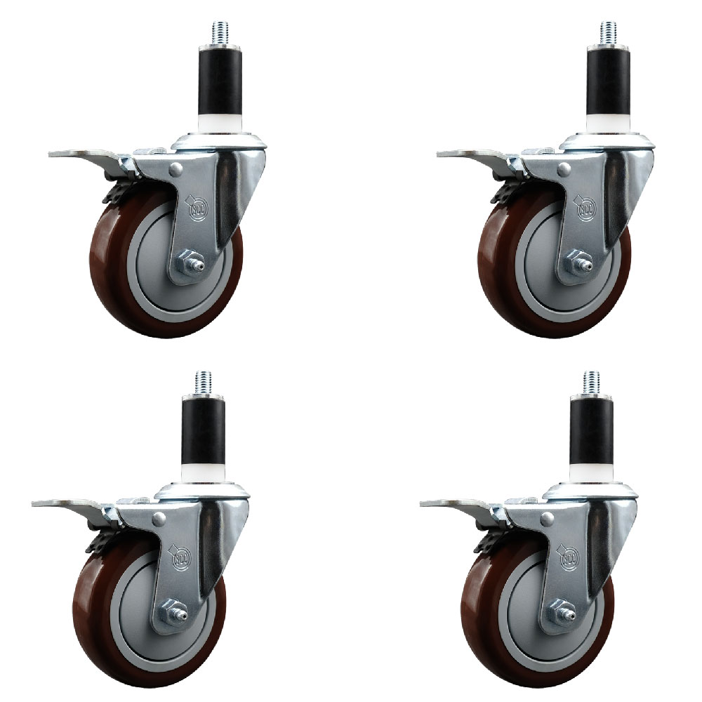 Stainless Steel Polyurethane Swivel Expanding Stem Caster with 4 in. Maroon Wheels & 1.38 in. Stems 4 Swivel - Set of 4