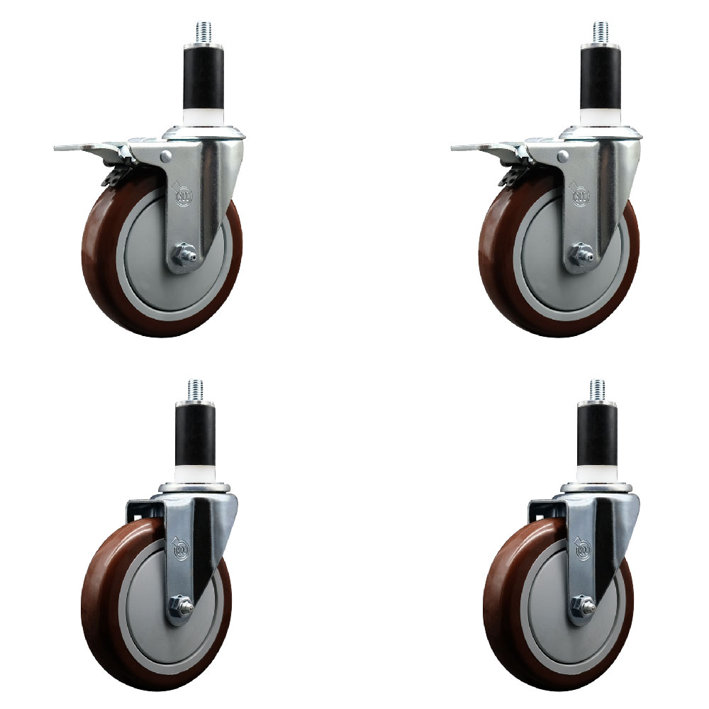 SCC-SSEXTTL20S514-PPUB-MRN-2-S-2-138 Stainless Steel Polyurethane Swivel Expanding Stem Caster with 5 in. Maroon Wheels & 1.38 in. Stems - Set of 4