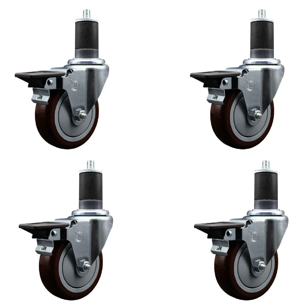 SCC-EX20S414-PPUB-MRN-PLB-158-4 Polyurethane Swivel Expanding Stem Caster with 4 in. Maroon Wheels & 1.63 in. Stems - Set of 4