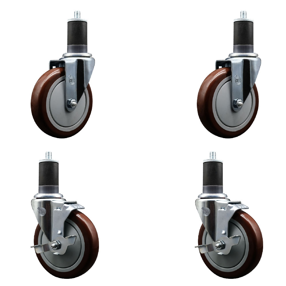 SCC-EX20S514-PPUB-MRN-2-TLB-2-158 Polyurethane Swivel Expanding Stem Caster with 5 in. Maroon Wheels & 1.63 in. Stems - Set of 4