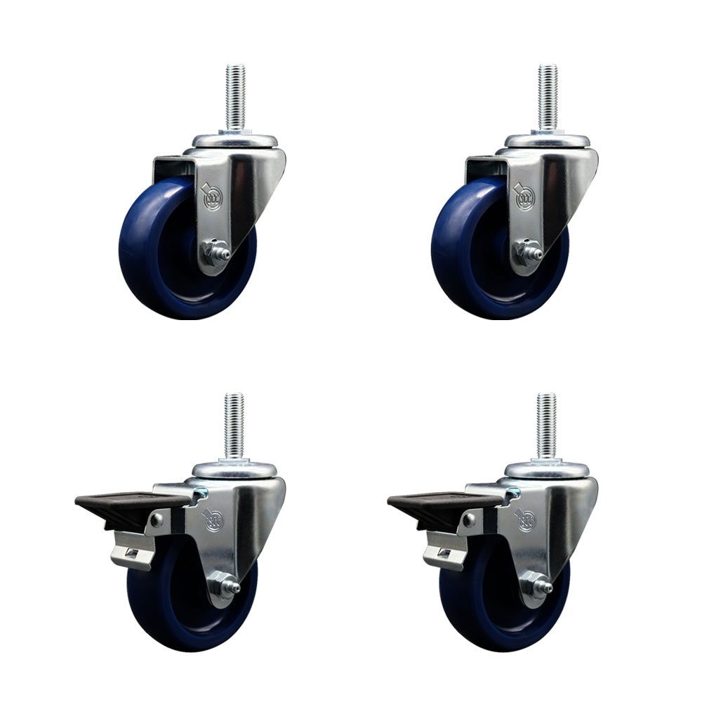 SCC-TS20S3514-SPUS-58212-2-PLB-2 Solid Polyurethane Swivel Threaded Stem Caster with 3.5 x 1.25 in. Blue Wheels & 0.63 in. Stems - Set of 4