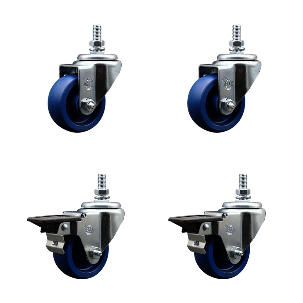 SCC-TS20S314-SPUS-M1015-2-PLB-2 Solid Polyurethane Swivel Threaded Stem Caster with 3 x 1.25 in. Blue Wheels & 10 mm Stems - Set of 4