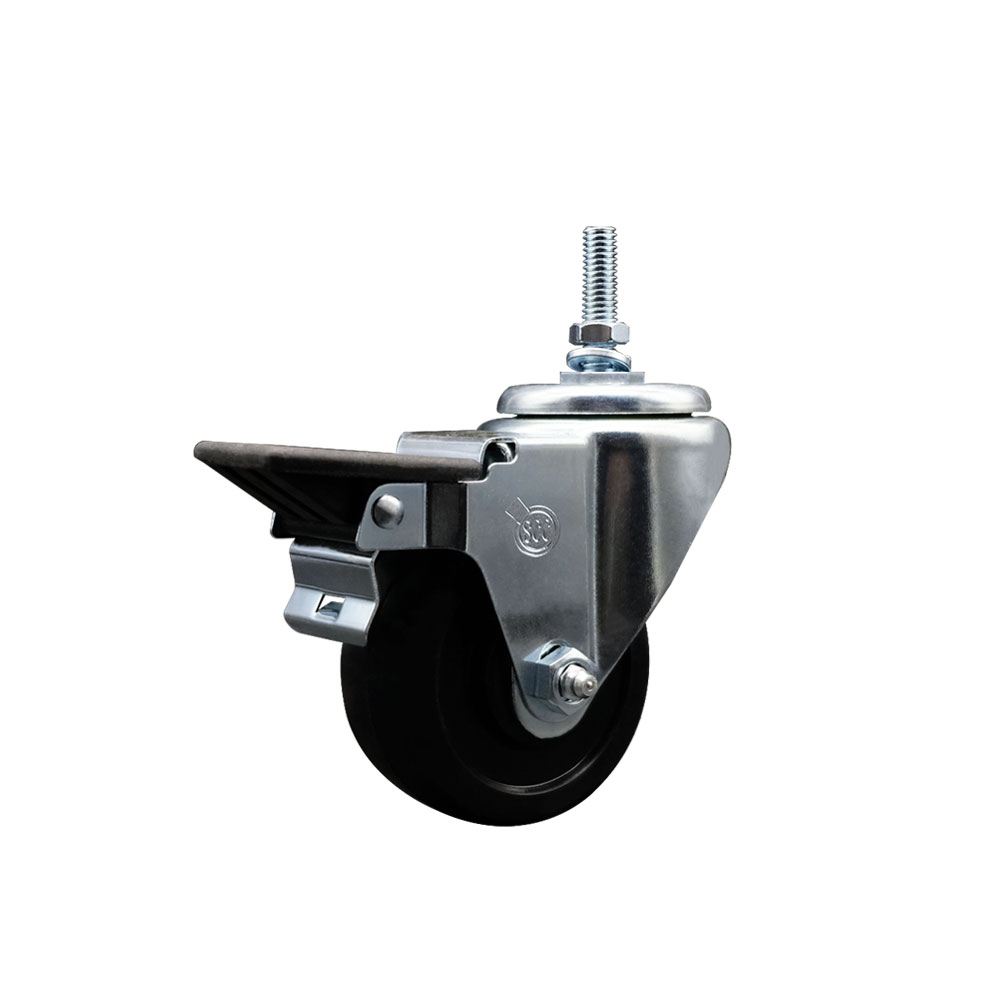 SCC-TS20S314-SRS-PLB-381615 Soft Rubber Swivel Threaded Stem Caster with 3 x 1.25 in. Black Wheel & 0.38 in. Stem & Posi Locking Brake