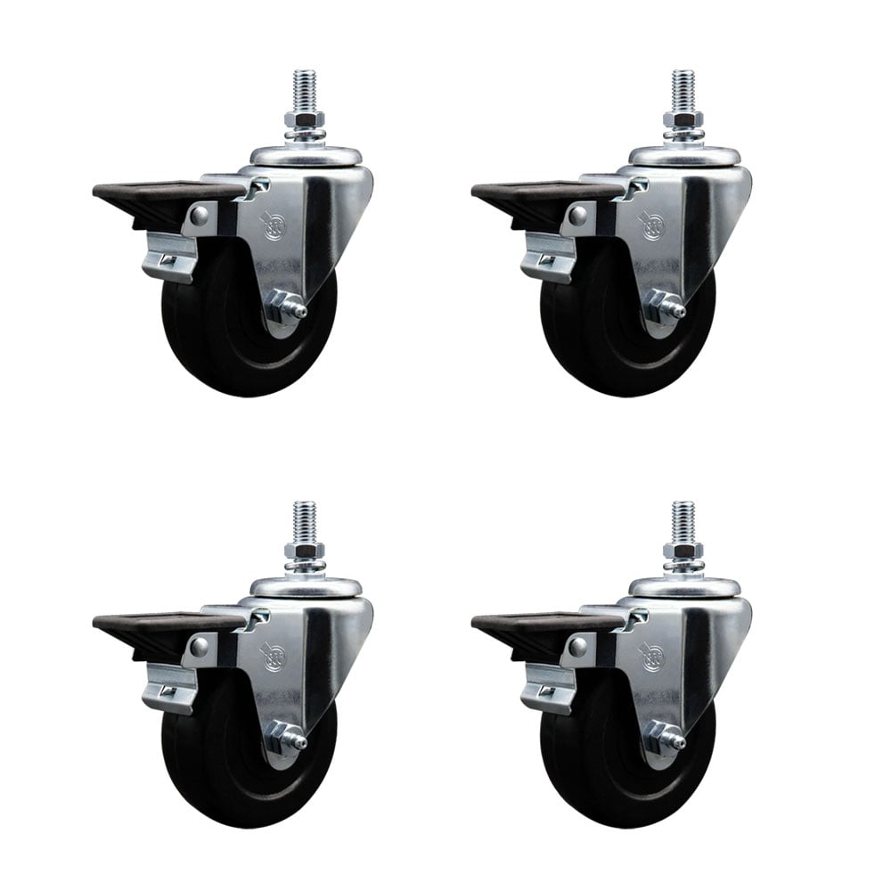 SCC-TS20S3514-SRS-PLB-M1015-4 Soft Rubber Swivel Threaded Stem Caster with 3.5 x 1.25 in. Black Wheels & 10 mm Stems - Set of 4