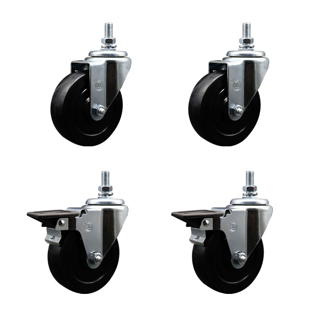 SCC-TS20S414-SRS-M1015-2-PLB-2 Soft Rubber Swivel Threaded Stem Caster with 4 x 1.25 in. Black Wheels & 10 mm Stems - Set of 4