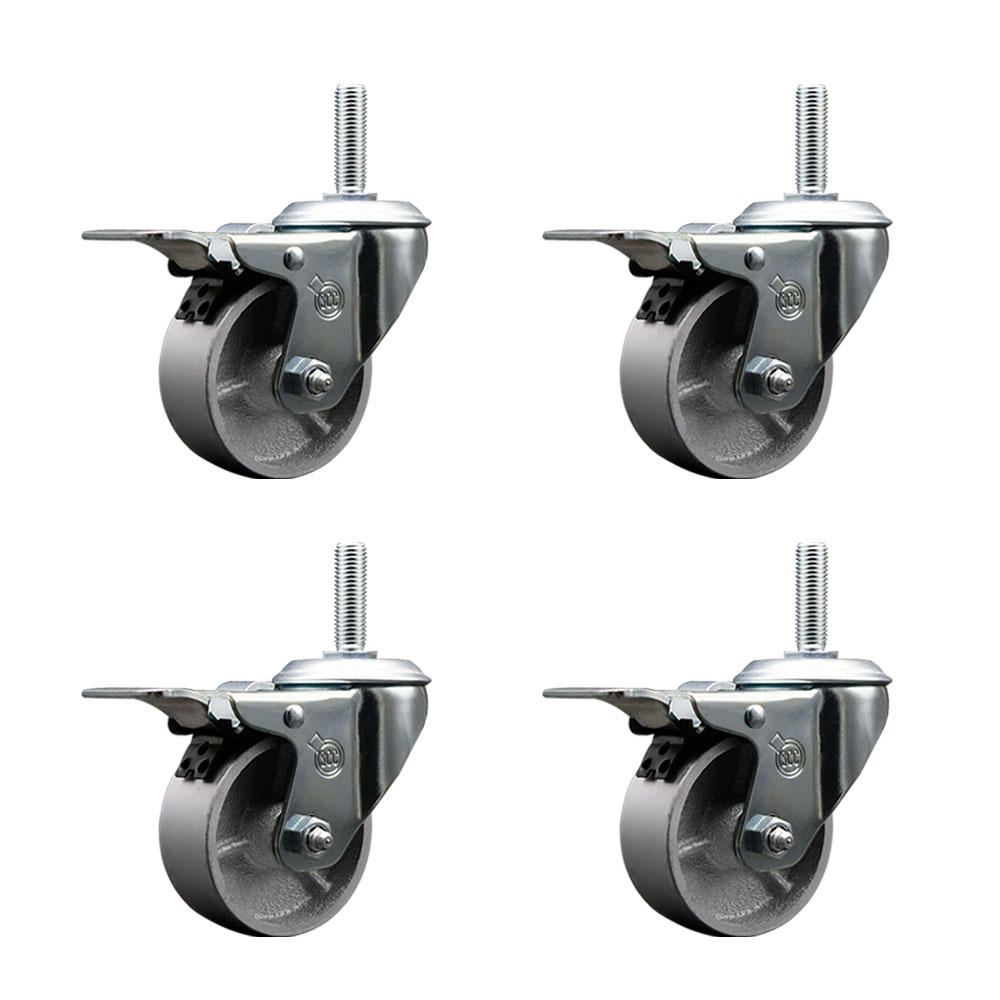 Semi Steel Cast Iron Swivel Threaded Stem Caster with Roller Bearing, 4 x 1.5 in. Silver Wheels & 0.75 in. Stems - Set of 4