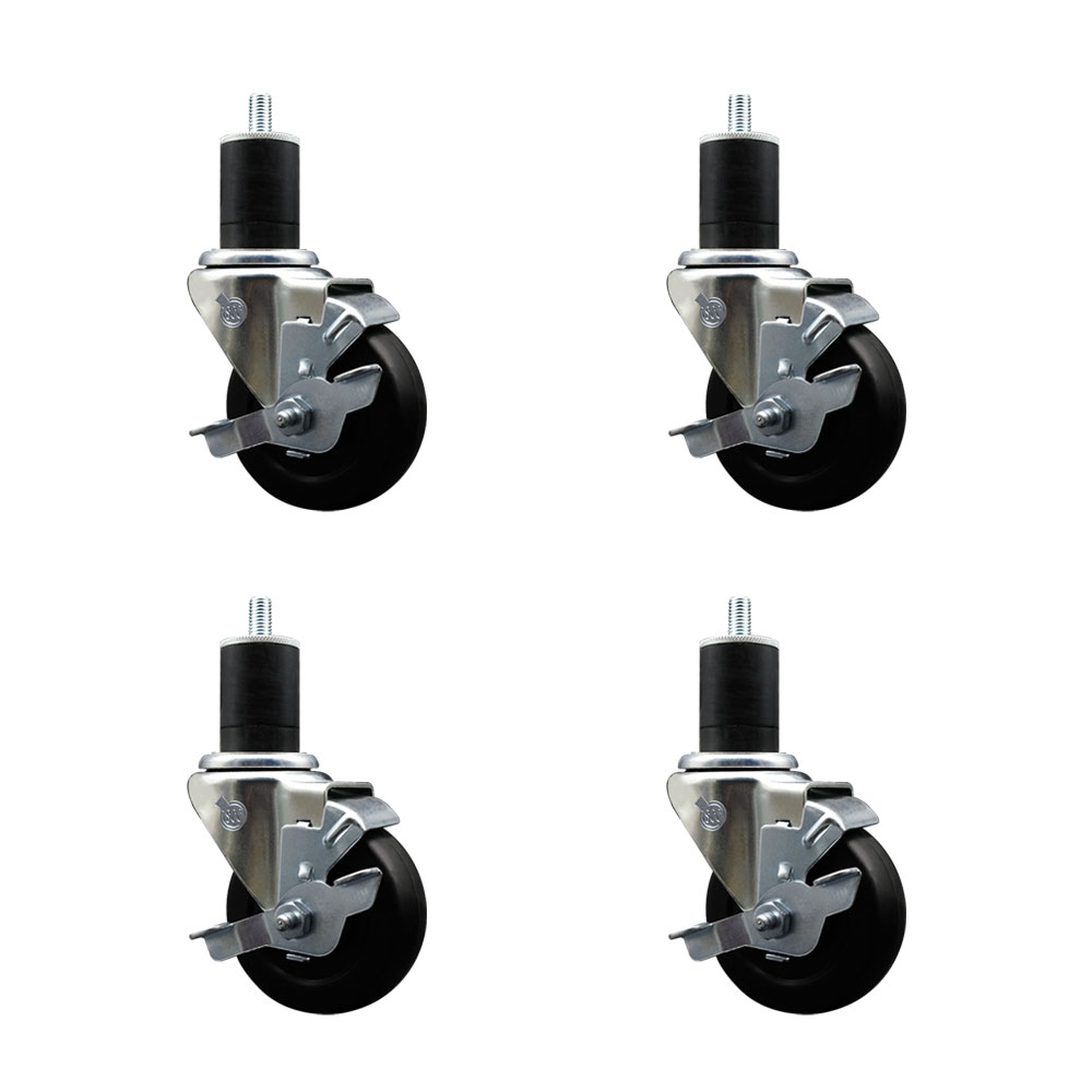 Stainless Steel Soft Rubber Swivel Expanding Stem Caster with 3.5 in. Black Wheels & 1.75 in. Stems, 4 Swivel with Top Locking Brakes - Set of 4
