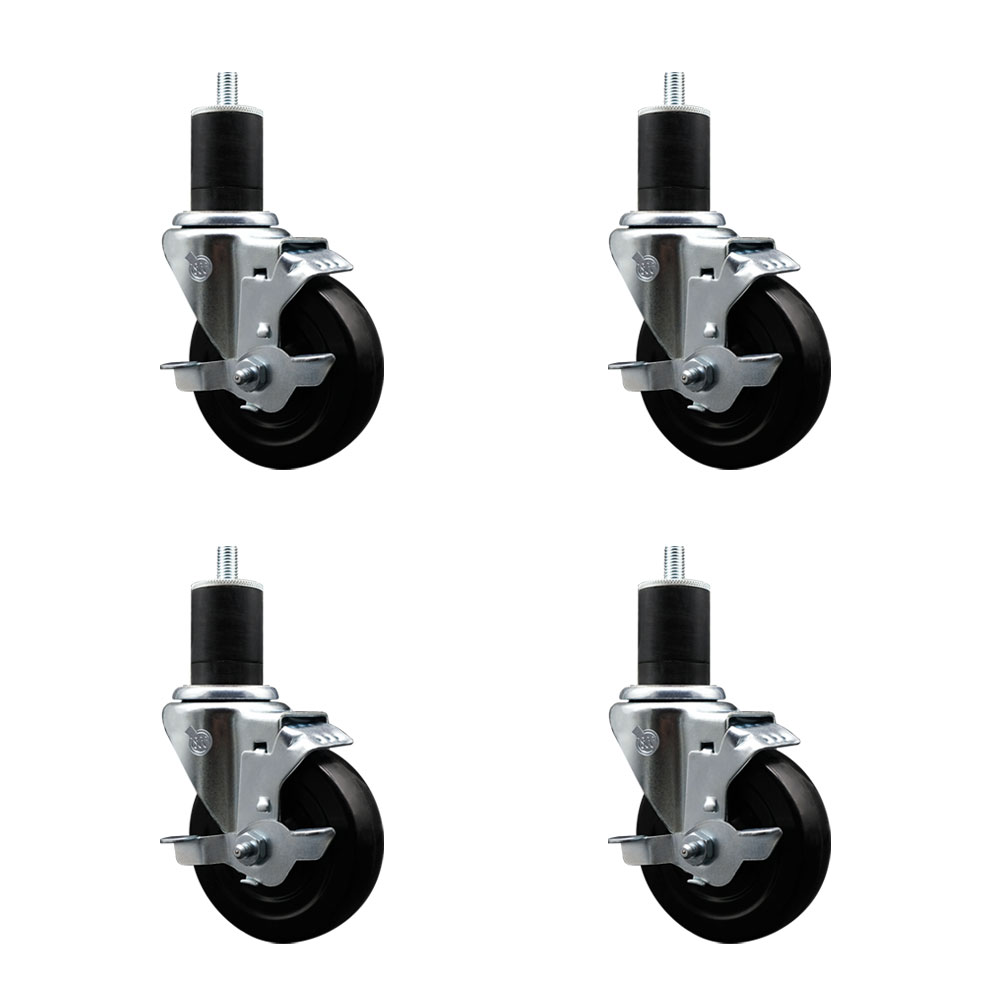 Stainless Steel Soft Rubber Swivel Expanding Stem Caster with 4 in. Black Wheels & 1.75 in. Stems 4 Swivel with Top Locking Brakes - Set of 4