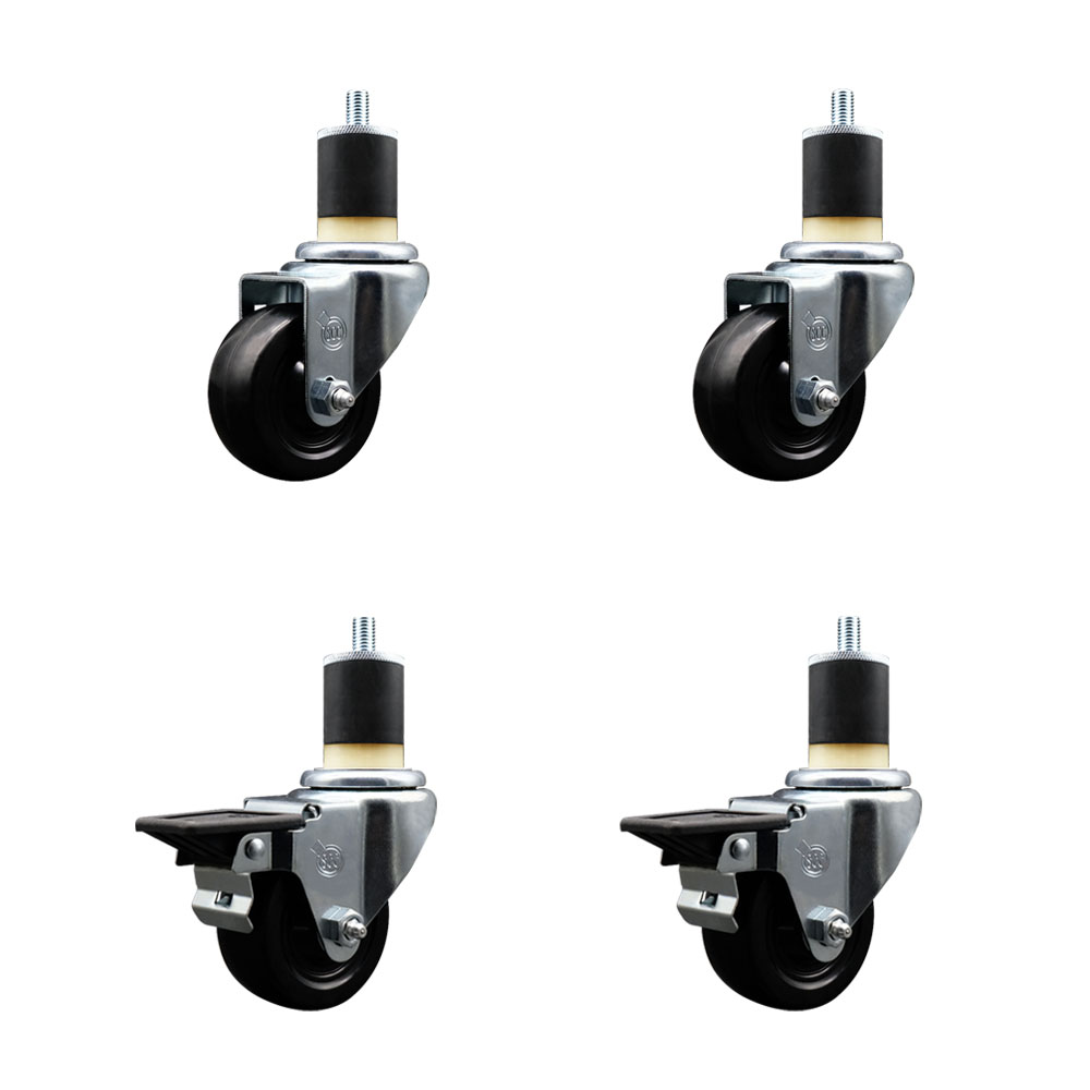 SCC-EX20S314-SRS-2-PLB-2-178 Soft Rubber Swivel Expanding Stem Caster with 3 in. Black Wheels & 1.87 in. Stems - Set of 4