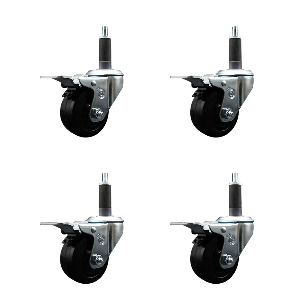 Stainless Steel Soft Rubber Swivel Expanding Stem Caster with 3 in. Black Wheels & 1 in. Stems, 4 Swivel with Total Locking Brakes - Set of 4