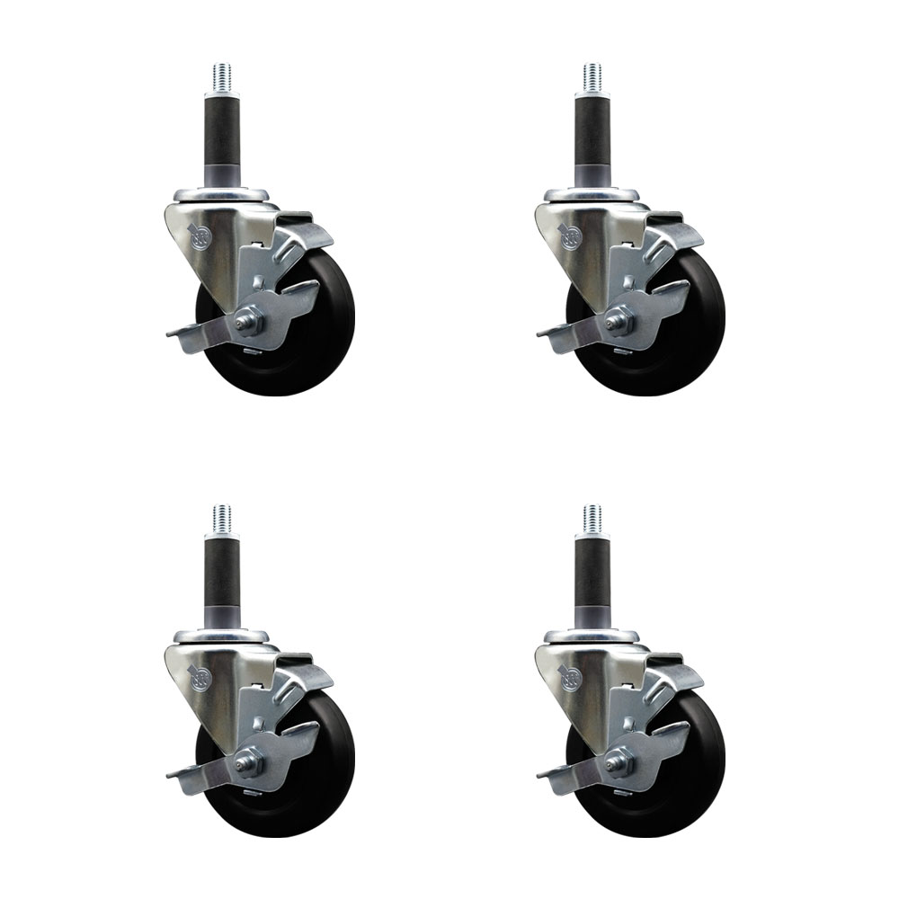 Stainless Steel Soft Rubber Swivel Expanding Stem Caster with 3.5 in. Black Wheels & 1 in. Stems, 4 Swivel with Top Locking Brakes - Set of 4