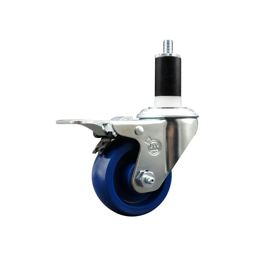 Stainless Steel Solid Polyurethane Expanding Stem Swivel Caster with 3 in. Blue Wheel & 1.38 in. Stem & Total Locking Brake