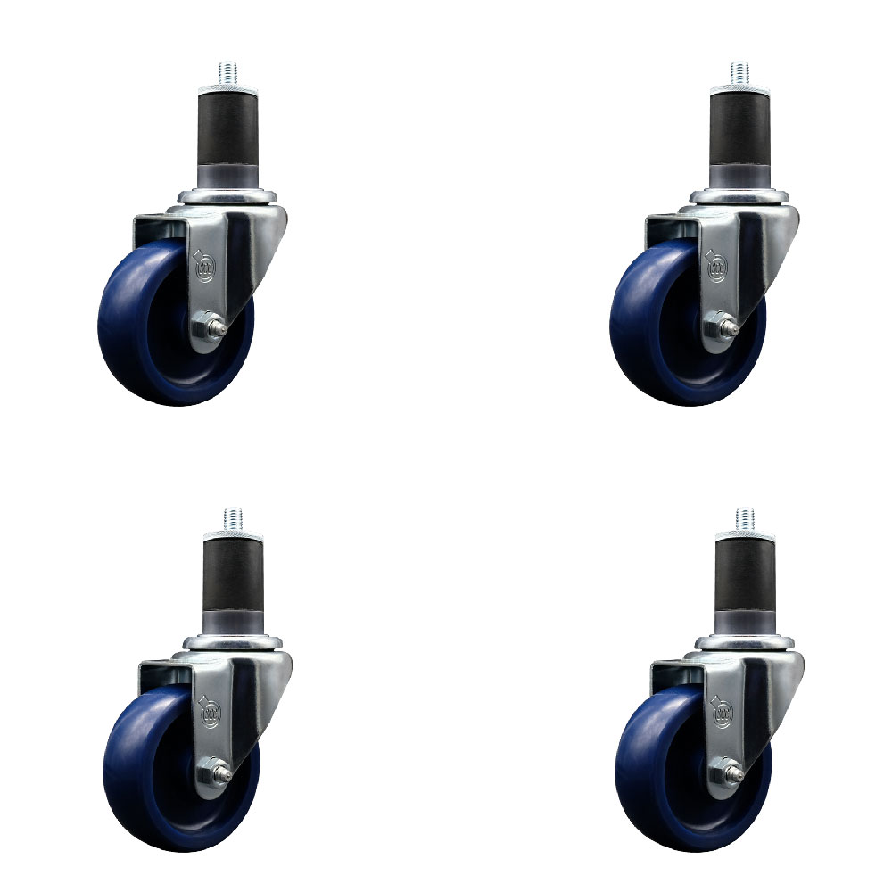 SCC-SSEX20S3514-SPUS-158-4 Stainless Steel Solid Polyurethane Swivel Expanding Stem Caster with 3.5 in. Blue Wheels & 1.63 in. Stems - Set of 4