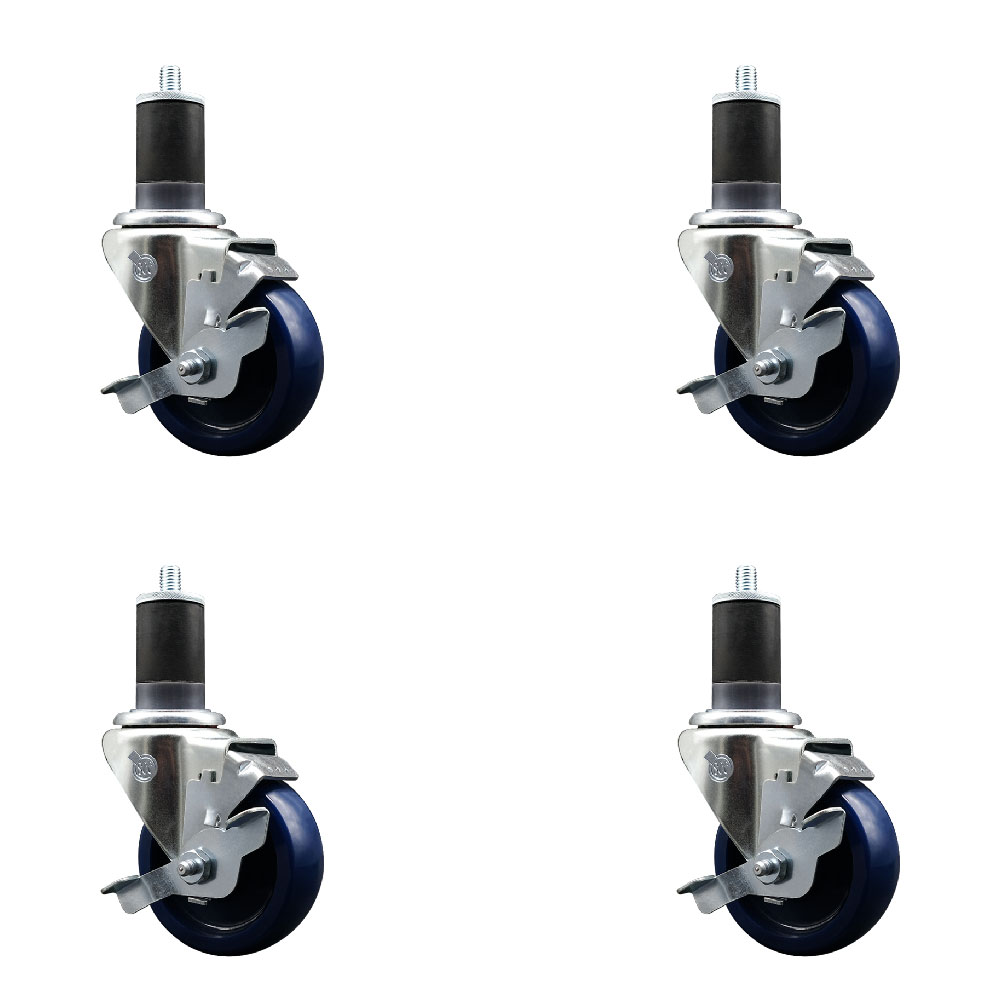 Stainless Steel Solid Polyurethane Swivel Expanding Stem Caster with 3.5 in. Blue Wheels & 1.63 in. Stems4 Swivel - Set of 4
