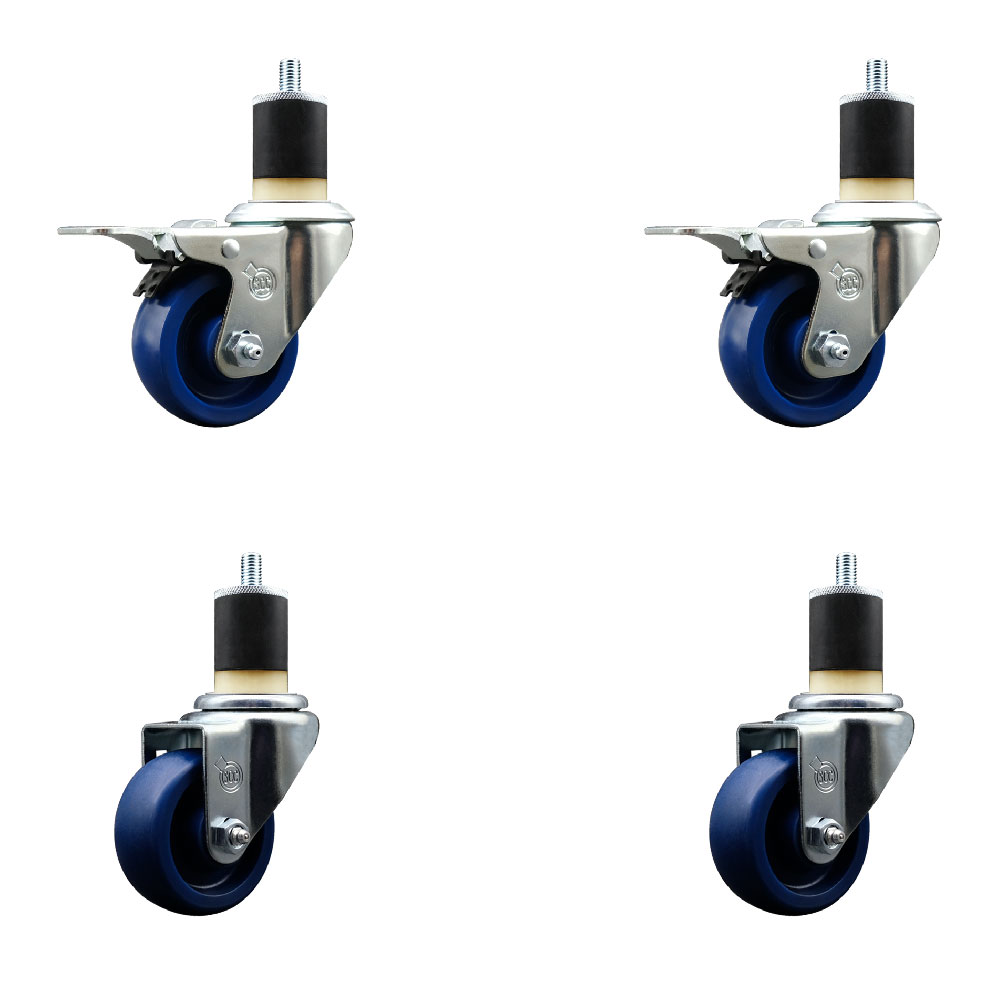 Stainless Steel Solid Polyurethane Swivel Expanding Stem Caster with 3 in. Blue Wheels & 1.87 in. Stems 2 with Total Locking Brakes - Set of 4