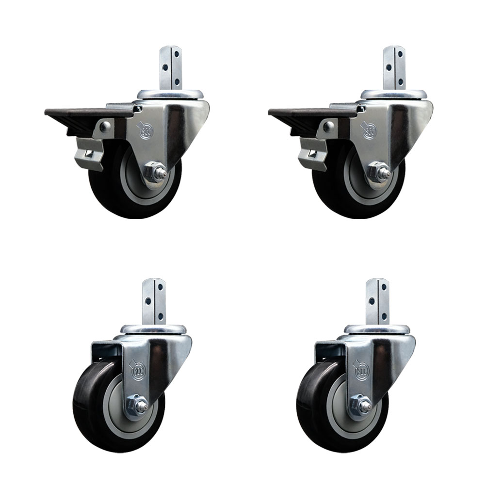 Swivel Square Stem Caster with 3 x 1.25 in. Black Poly Wheel, 0.75 x 2 in. Square Stem with 3 0.26 in. Diameter Mounting Holes - Set of 4
