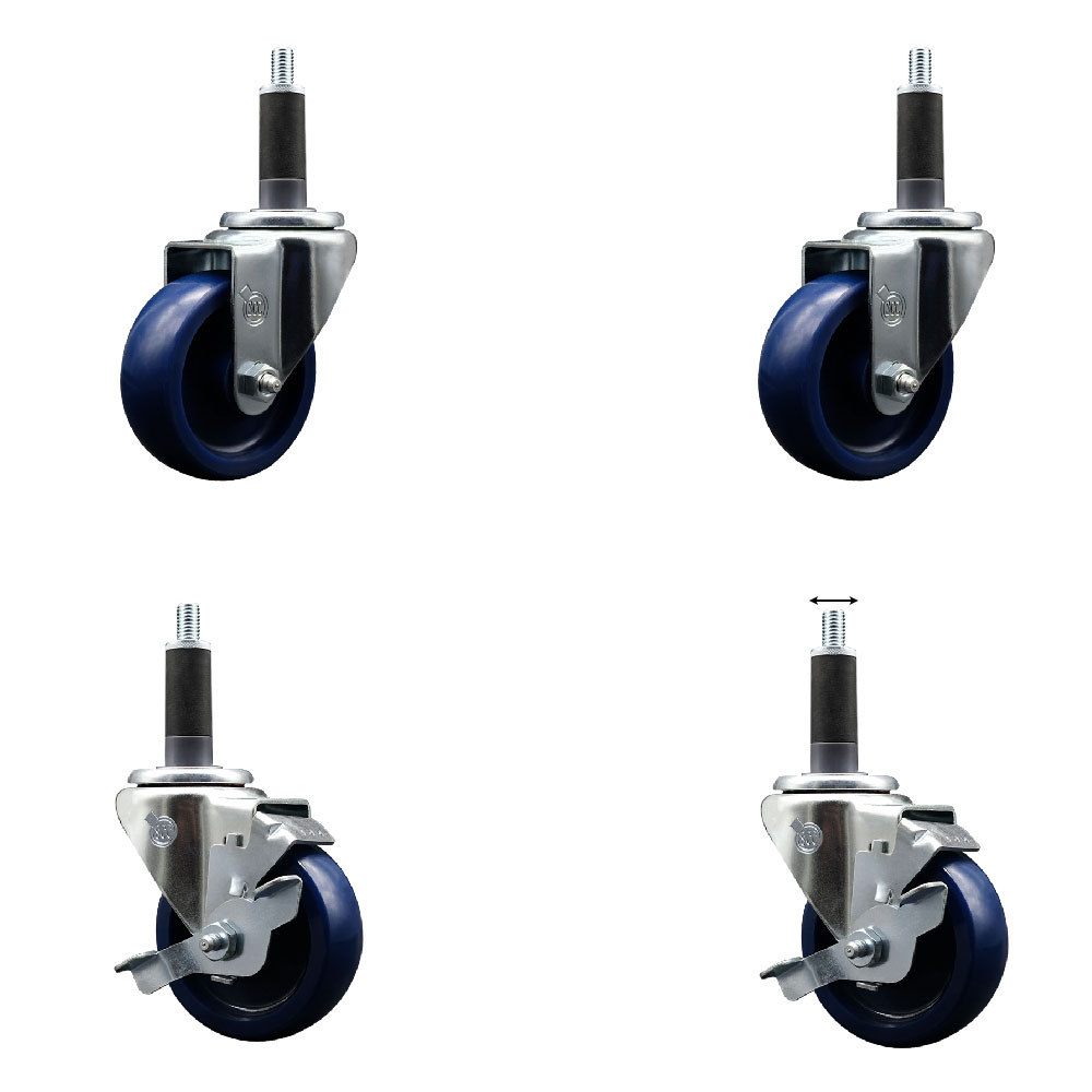SCC-SSEX20S3514-SPUS-2-TLB-2-1 Stainless Steel Solid Polyurethane Swivel Expanding Stem Caster with 3.5 in. Blue Wheels & 1 in. Stems - Set of 4